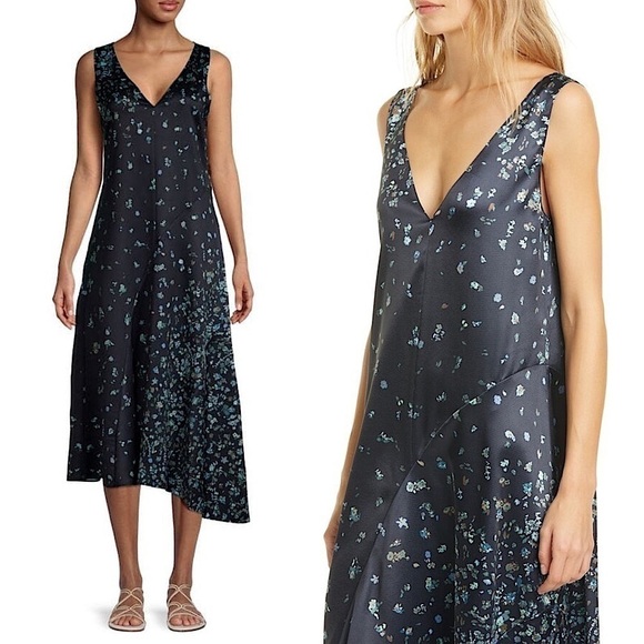 NWT VINCE Satin Ditsy Floral Asymmetrical Sleeveless V-Neck Sheath Midi Dress XS - Picture 1 of 9